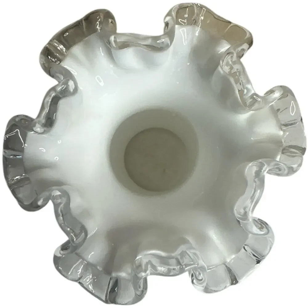 Vntg Fenton Art Milk Glass Spanish Lace Clear Crest Ruffled Rim Vase 7.5